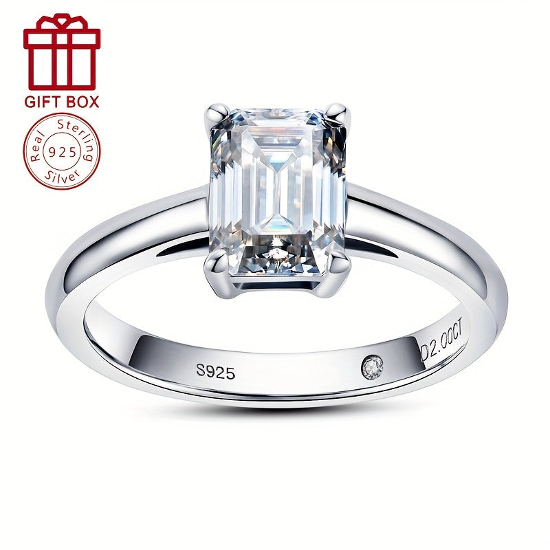 Sterling Silver 2CT Emerald Cut Moissanite Engagement Ring for Her