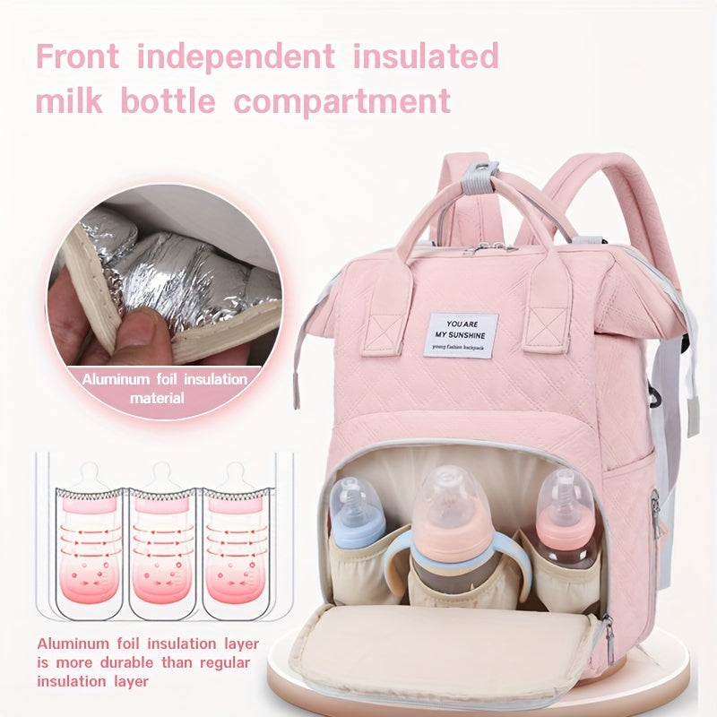 Solid Color Diaper Bag with Large Capacity and Insulated Bottle Pocket for Moms