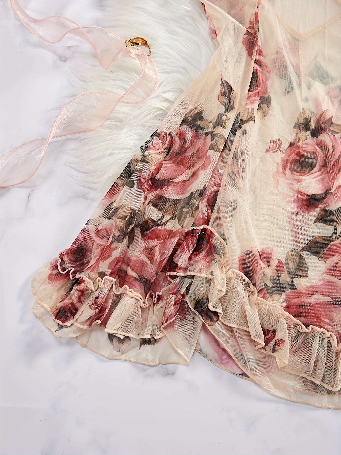 Women's Floral Print Nightdress with V-Neck Ruffled Hem All-Season Slip