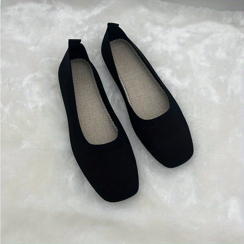 Women's Knit Flat Shoes Breathable Slip-On Square Toe Ballet Flats