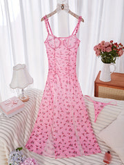 Women's Sleepwear Set with Floral Print, High Slit, Ruched Details, Knit Fabric