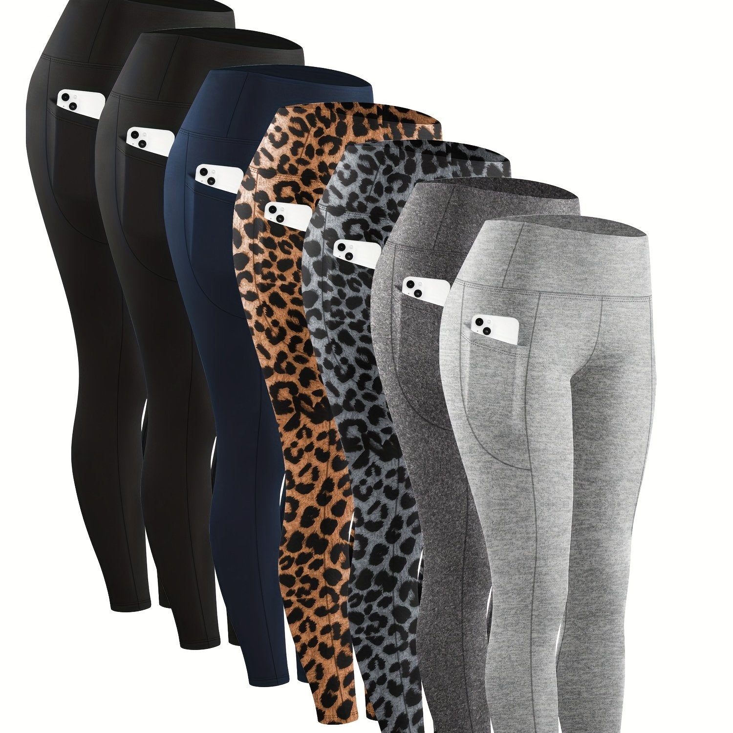 Plus Size Yoga Pants 7-Pack – Tummy Control High-Waisted Workout Leggings with Pockets