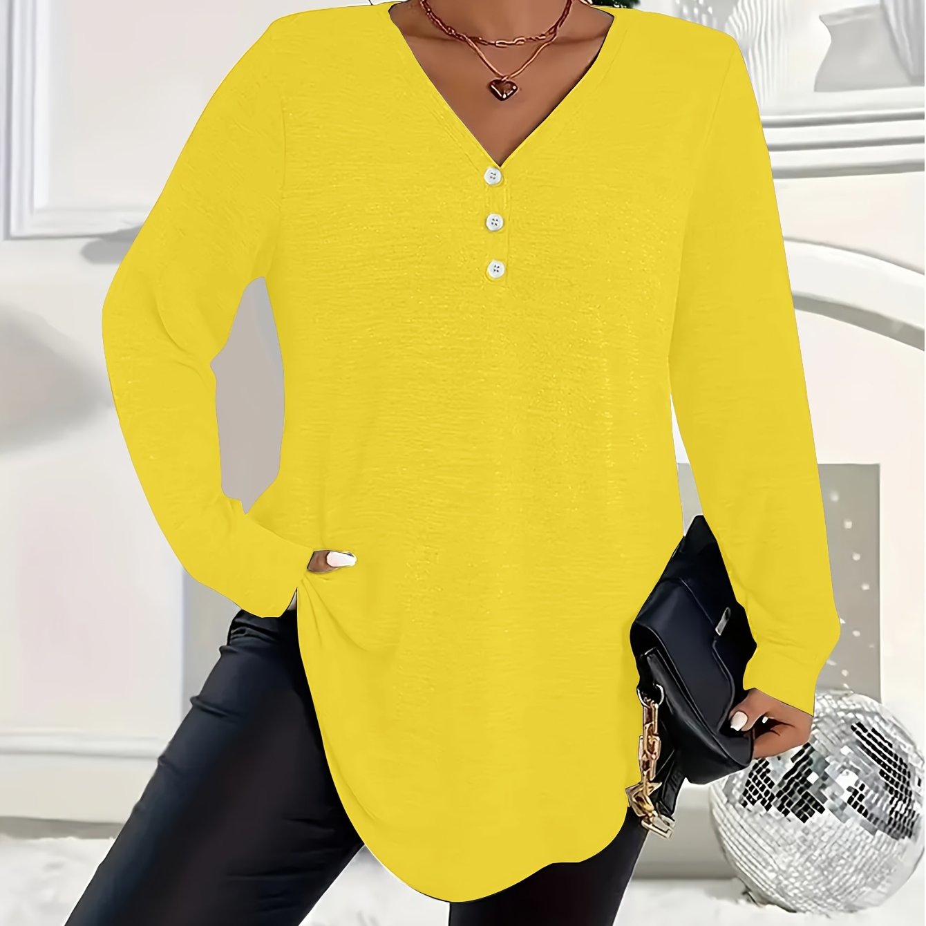 Women's Plus Size V-Neck Long Sleeve Top Polyester Knit Solid Color Fall Winter