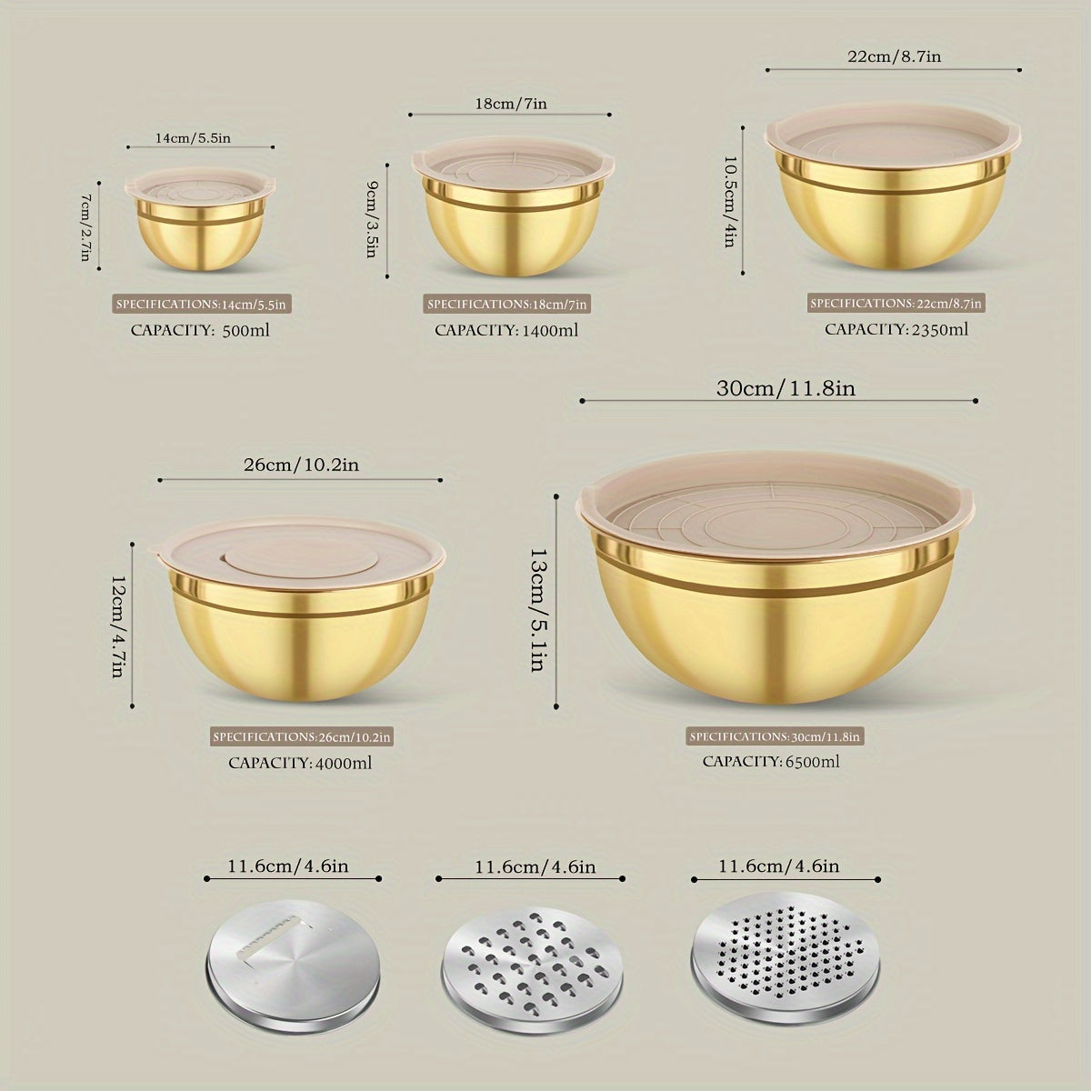Set of 3 or 10 Stainless Steel Mixing Bowls with Lids and Grater, Rust-Resistant