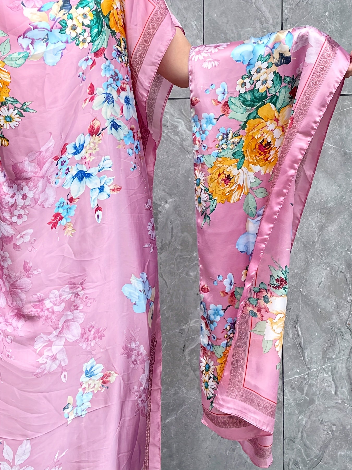 Plus Size Polyester Turkish Kafatan Robe with Scarf Pink Floral Geometric