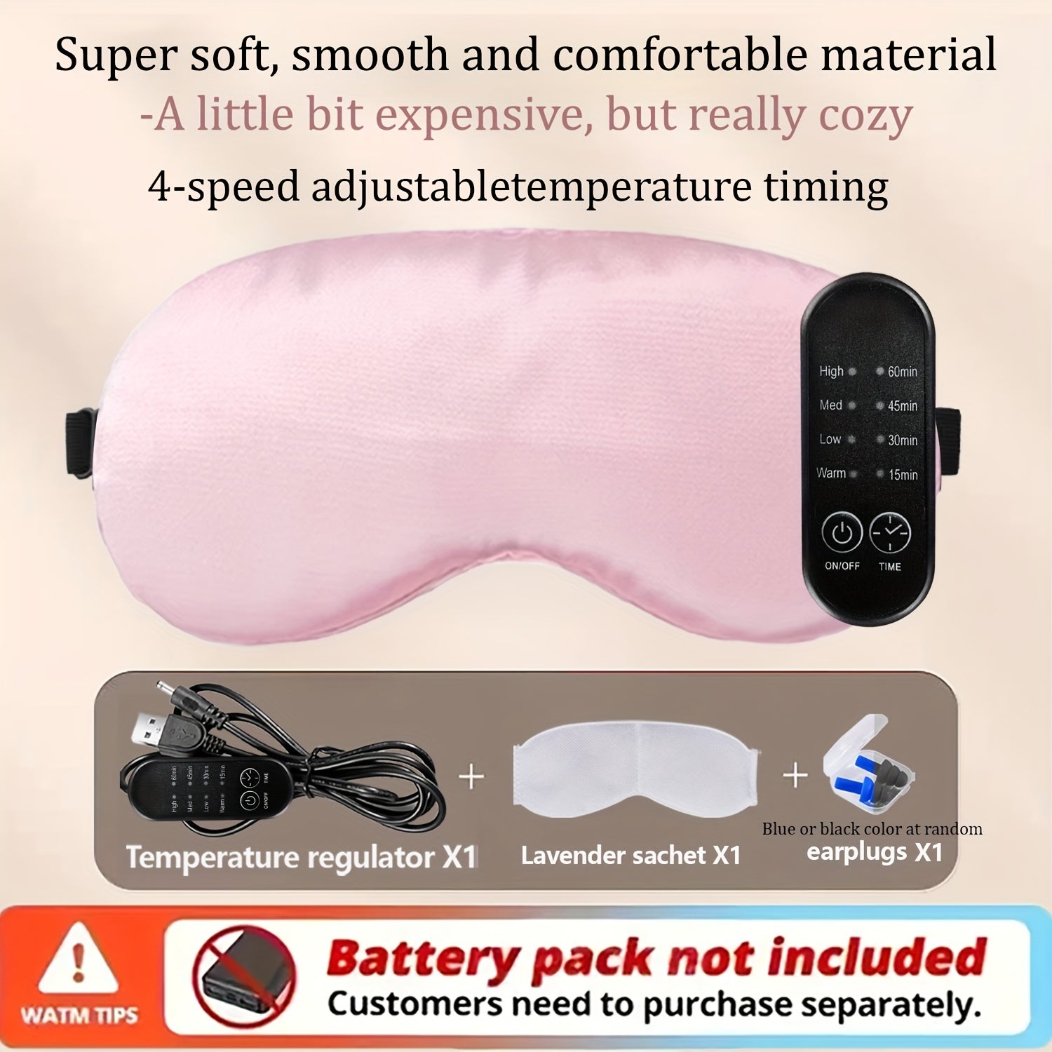 USB Heated Eye Mask with Adjustable Temperature, Includes Ear Plugs and Scented Bag
