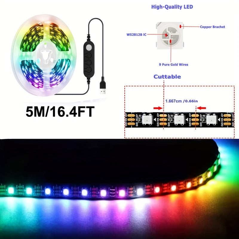 5M RGB LED Strip Lights with Motion Sensor Music Sync for TV Bedroom Gaming