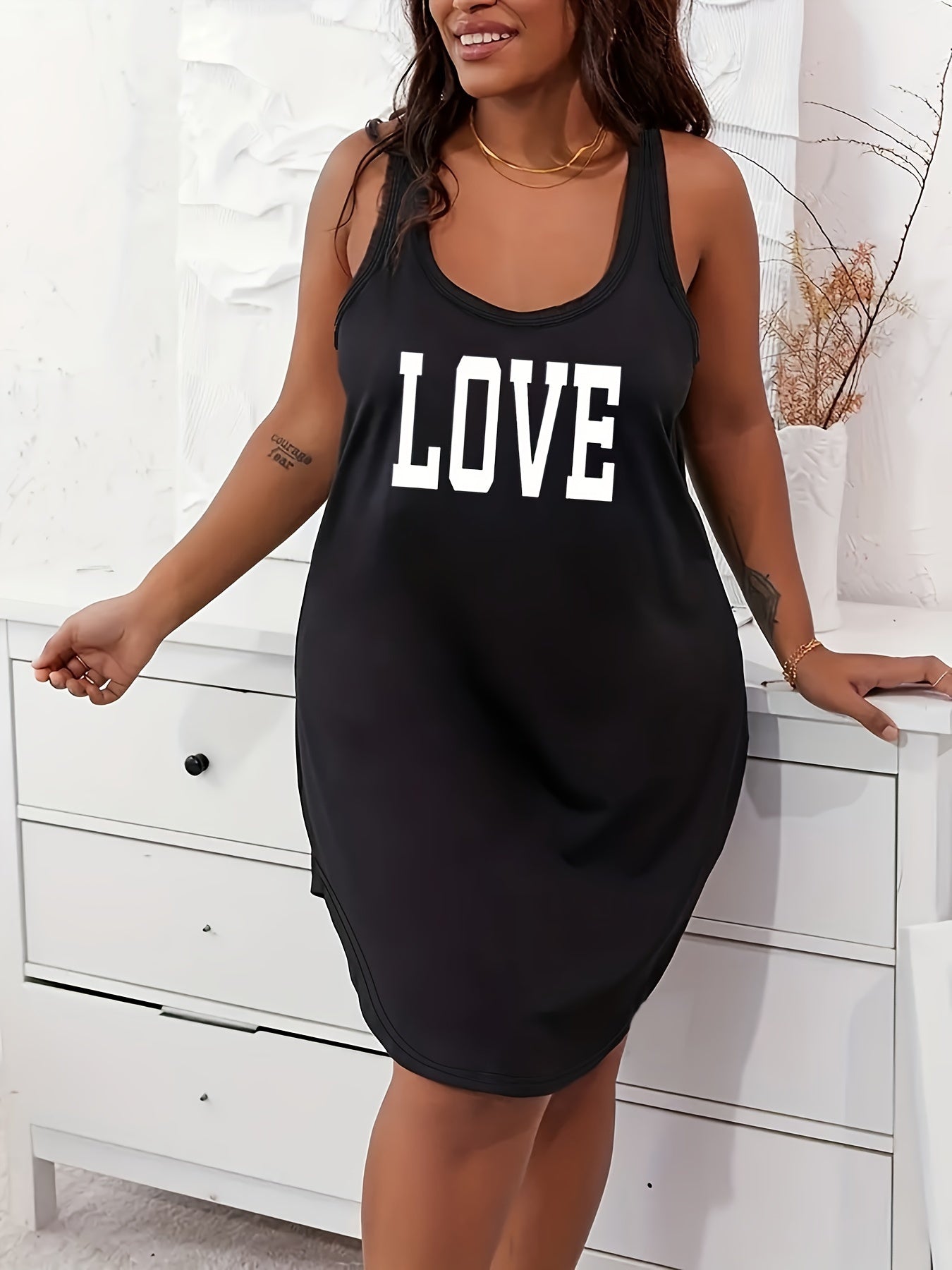 Plus Size Women's Maroon Love Letter Print Sleeveless Sleepshirt Nightgown Lounge Dress