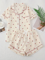 Women's Plus Size Cherry Print Pajama Set Short Sleeve Short Length Casual