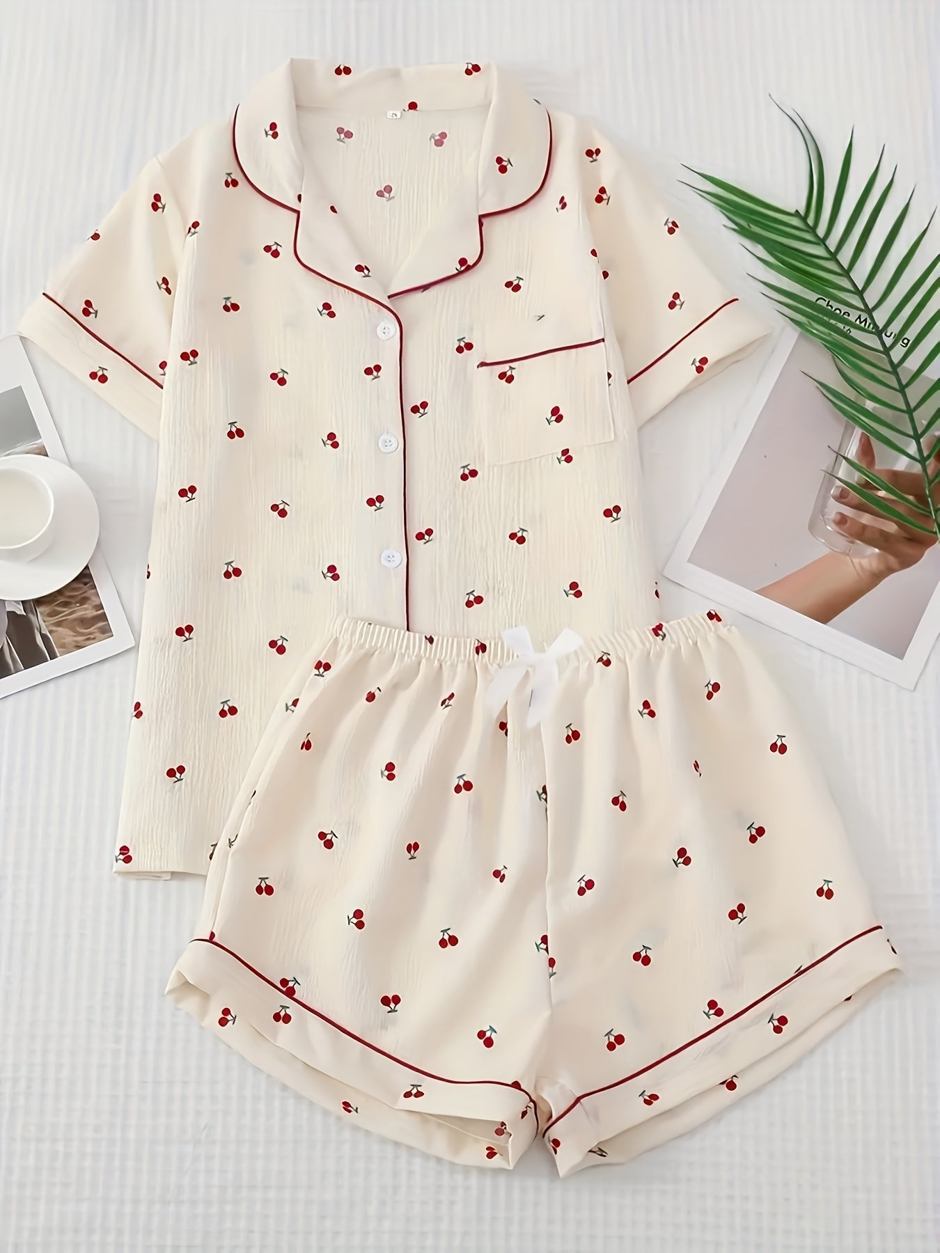 Women's Plus Size Cherry Print Pajama Set Short Sleeve Short Length Casual