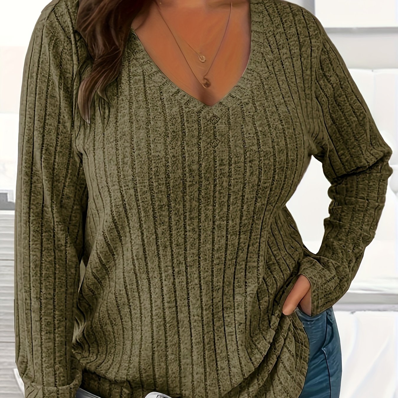 Plus Size Women's V-Neck Ribbed Sweater Casual Long Sleeve Pullover Black
