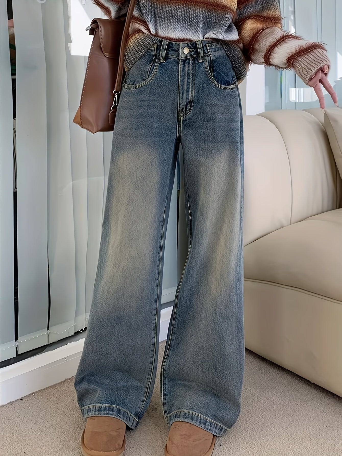 Ayollar uchun keng bo'yinli vintage ilhomlangan denim shimlar, kundalik slim qilish