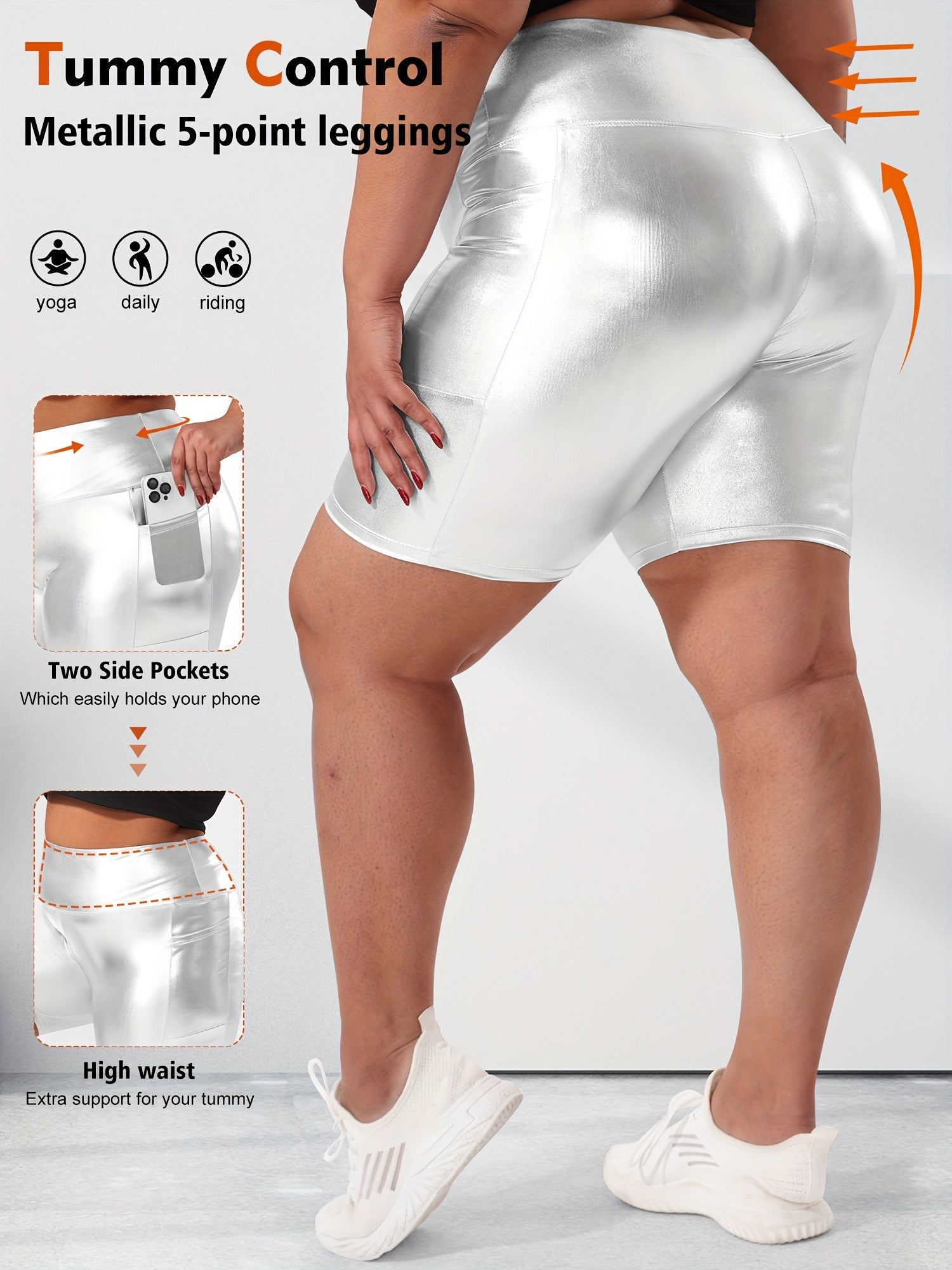 Women Plus Size High-Waist Gold Shorts with Pockets Casual Elastic Spring Summer