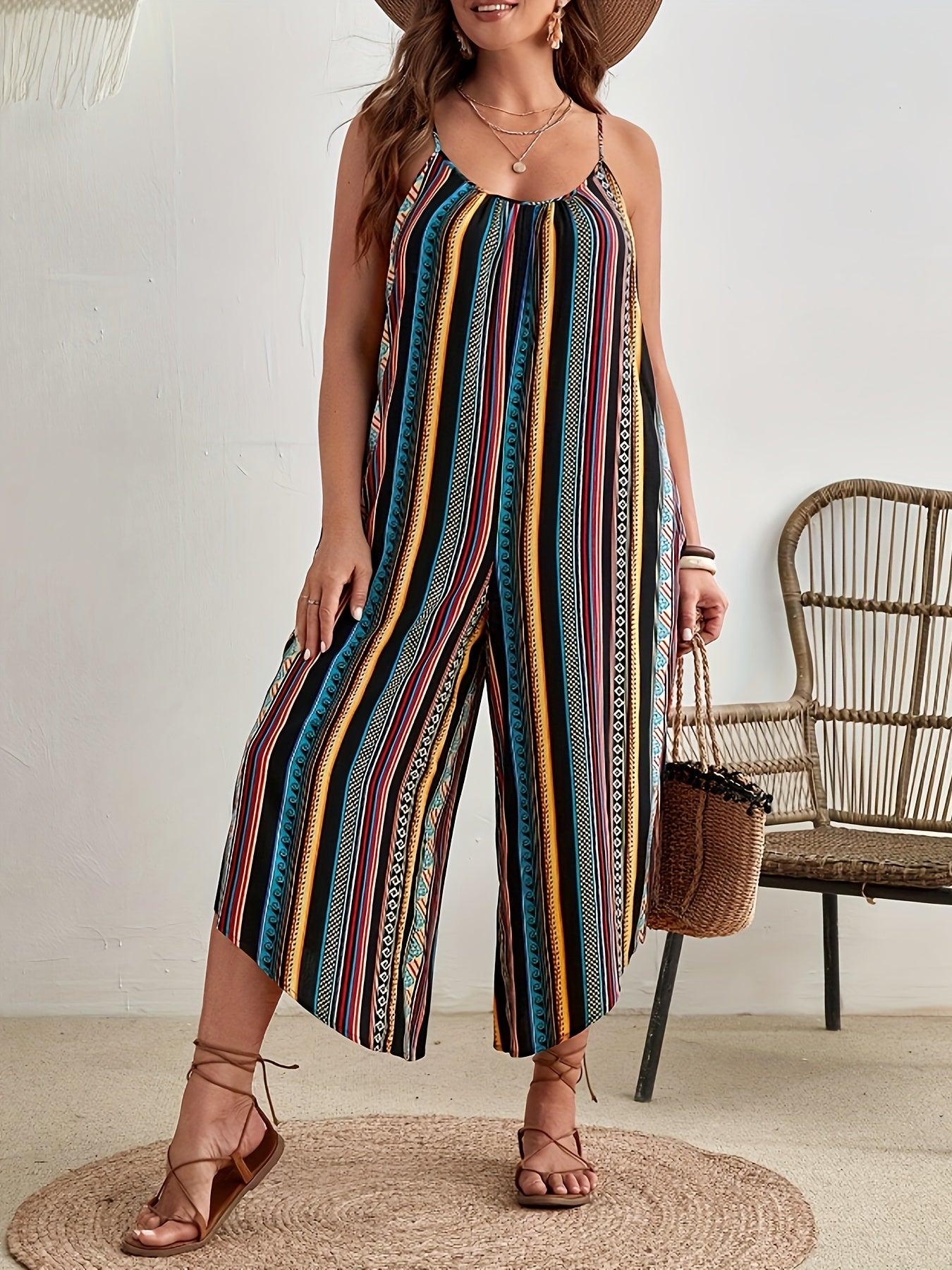 Women's Plus Size Vacation Jumpsuit Lightweight Vivid Print Sleeveless Summer