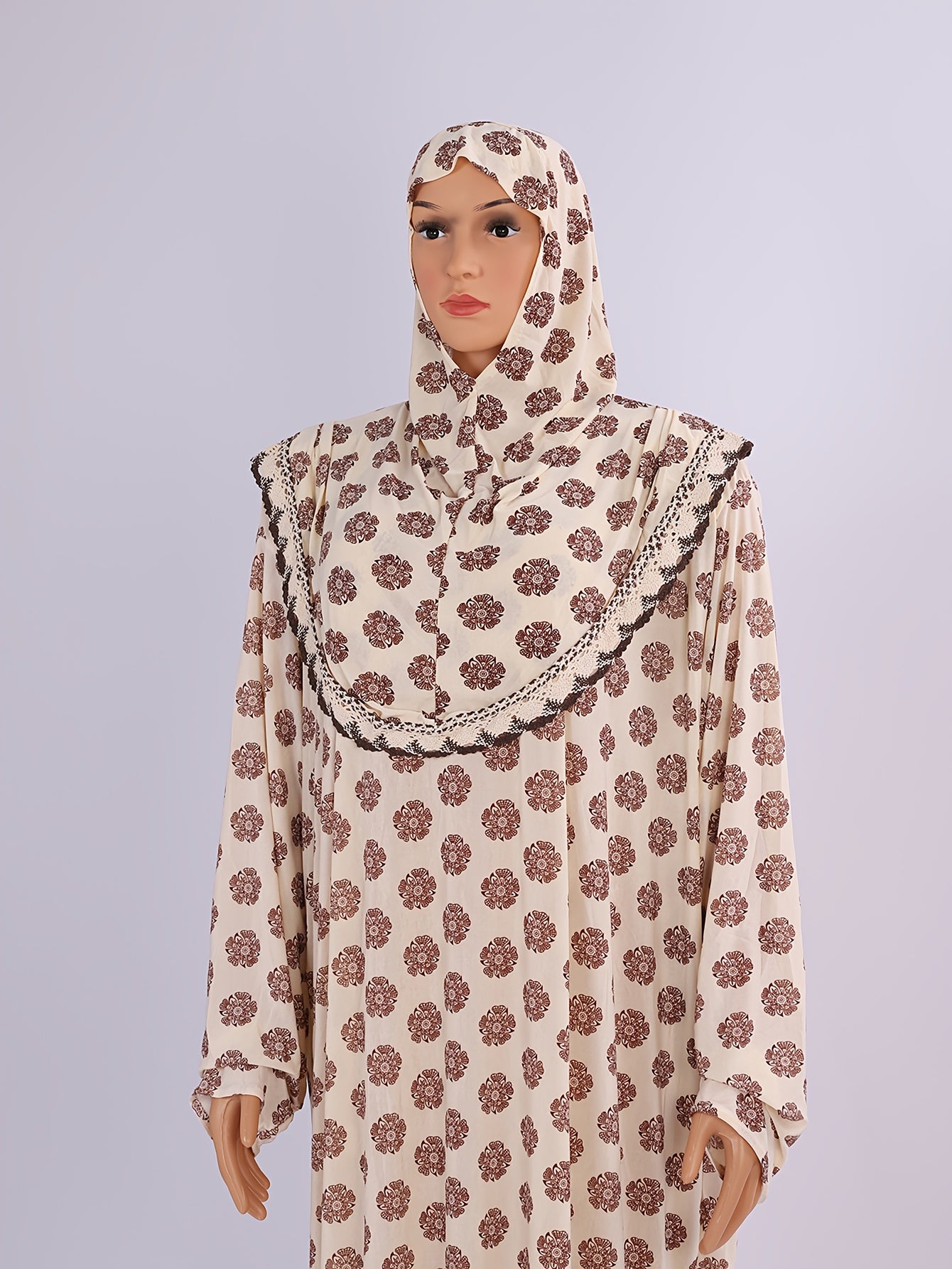 Muslim Abaya Long Sleeve Beige Floral Ruffle Neck Loose Fit All-Season