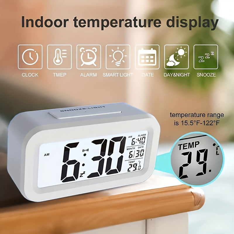 Digital Alarm Clock with LCD Display Indoor Temperature Date Light Sensor Night Light Battery Operated for Bedroom and Home Use