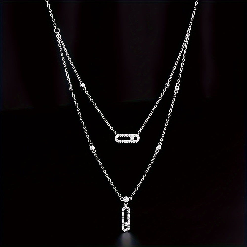 Women's Necklace with Double Paperclip Layers and Cubic Zirconia