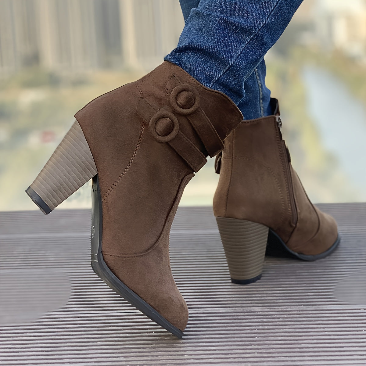 Women Red Ankle Boots with Chunky Heel Zipper Pointed Toe