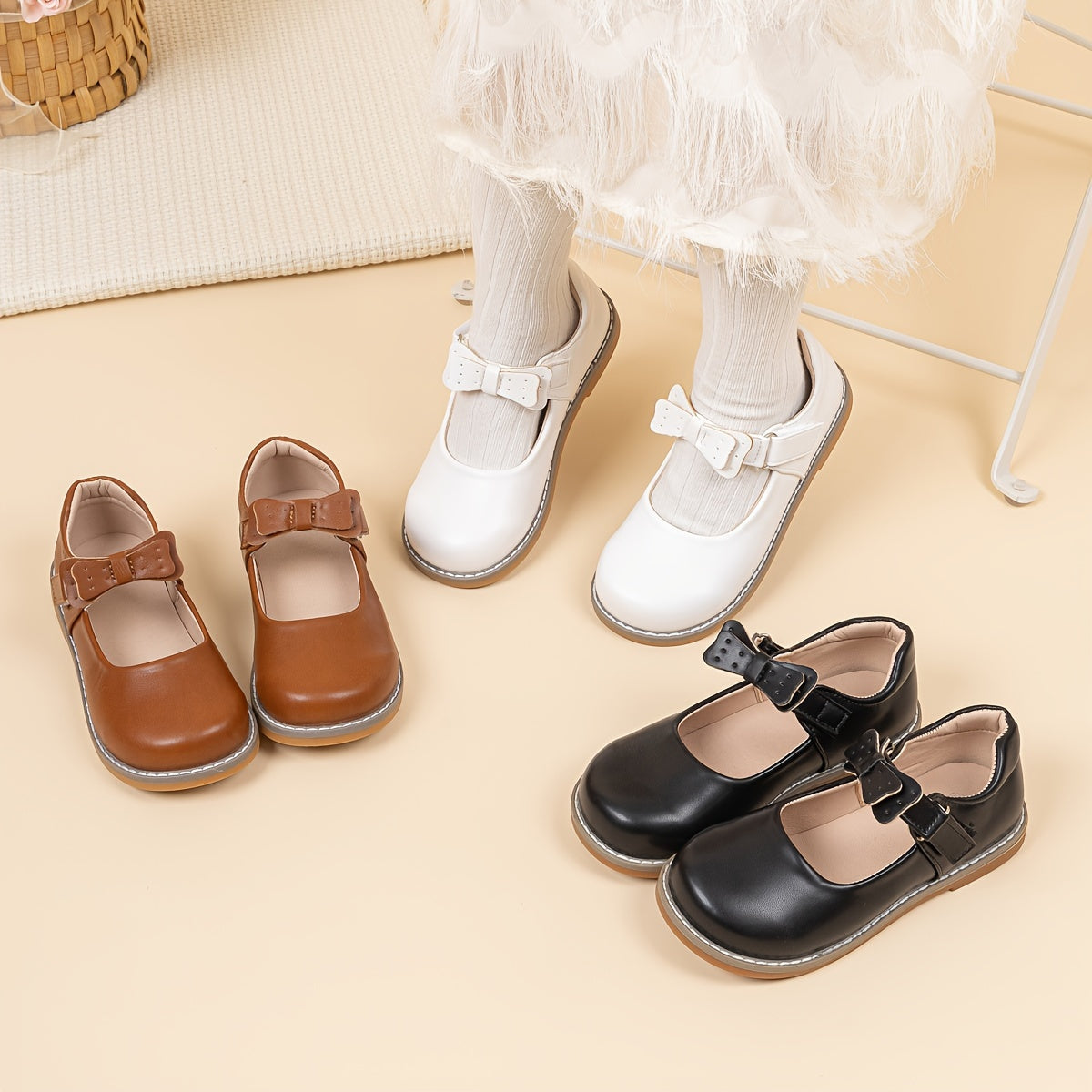 Zapatos planos tipo Mary Jane para niñas con lazo, color sólido, parte superior de PU ligero, suela de TPR, punta redonda, cierre fácil, para todas las estaciones
