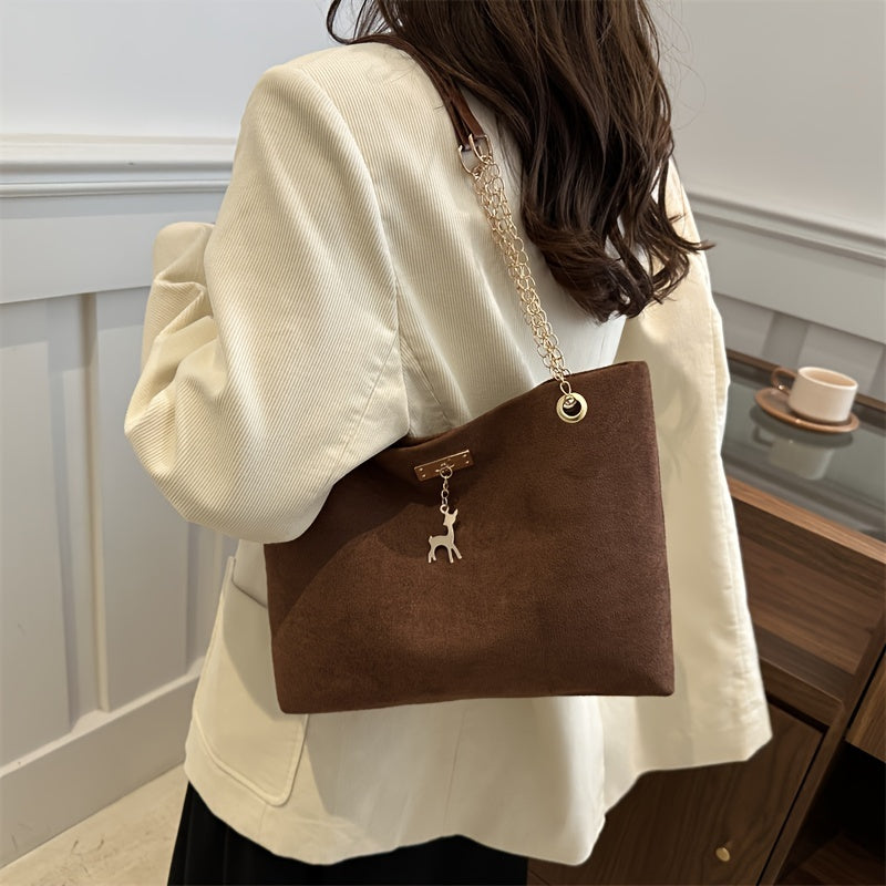 Bolso tote para mujer con colgante de ciervo, gran capacidad, cierre magnético de PU negro, correas de cadena