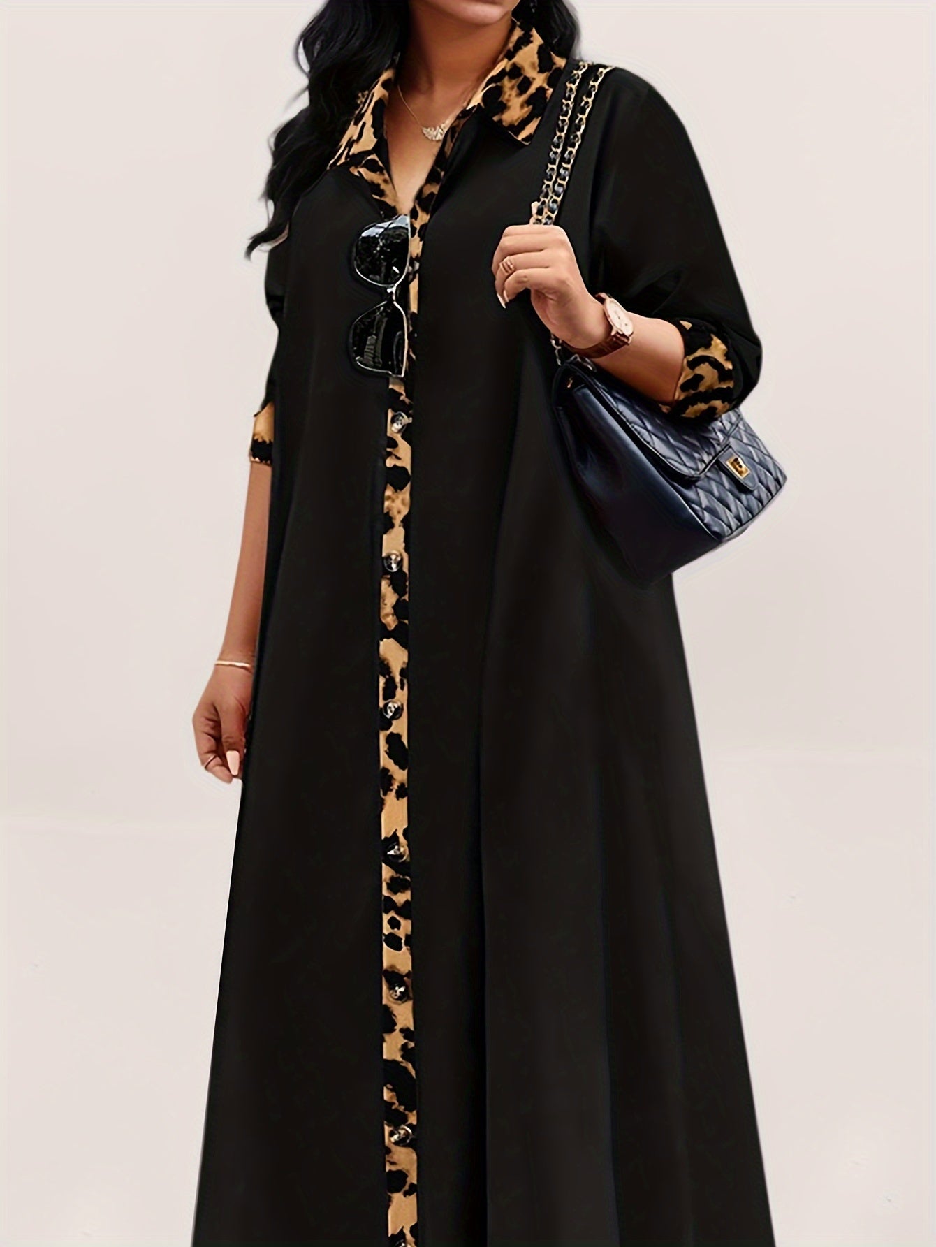 Plus Size Long Dress with Leopard Print Trim and Regular Sleeves for Women