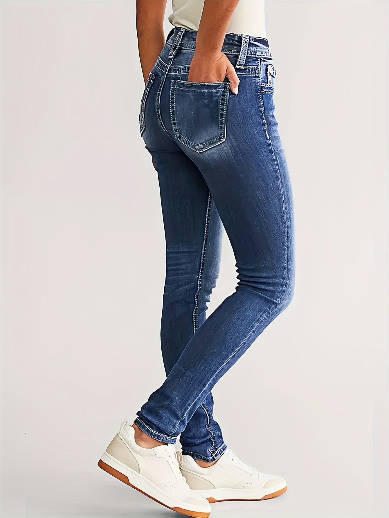 Jeans ajustados de tiro alto con elastano para mujer talla plus con bolsillos para todas las estaciones