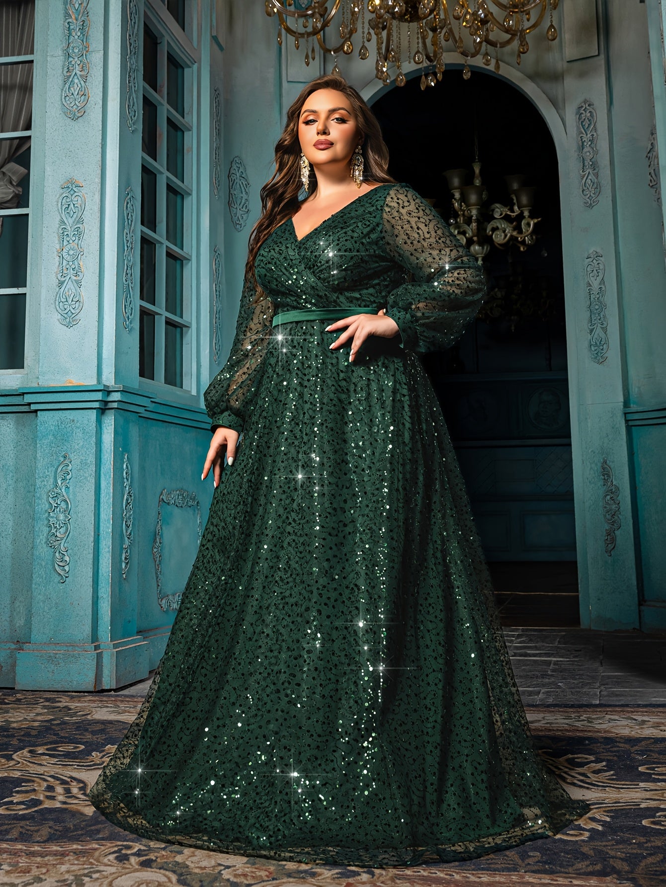 Women Emerald Green Sequin V-Neck Gown with Lantern Sleeves Formal Evening Dress