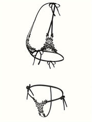 Conjunto de lencería negra de encaje para mujer con sujetador halter sin espalda con tirantes y tanga