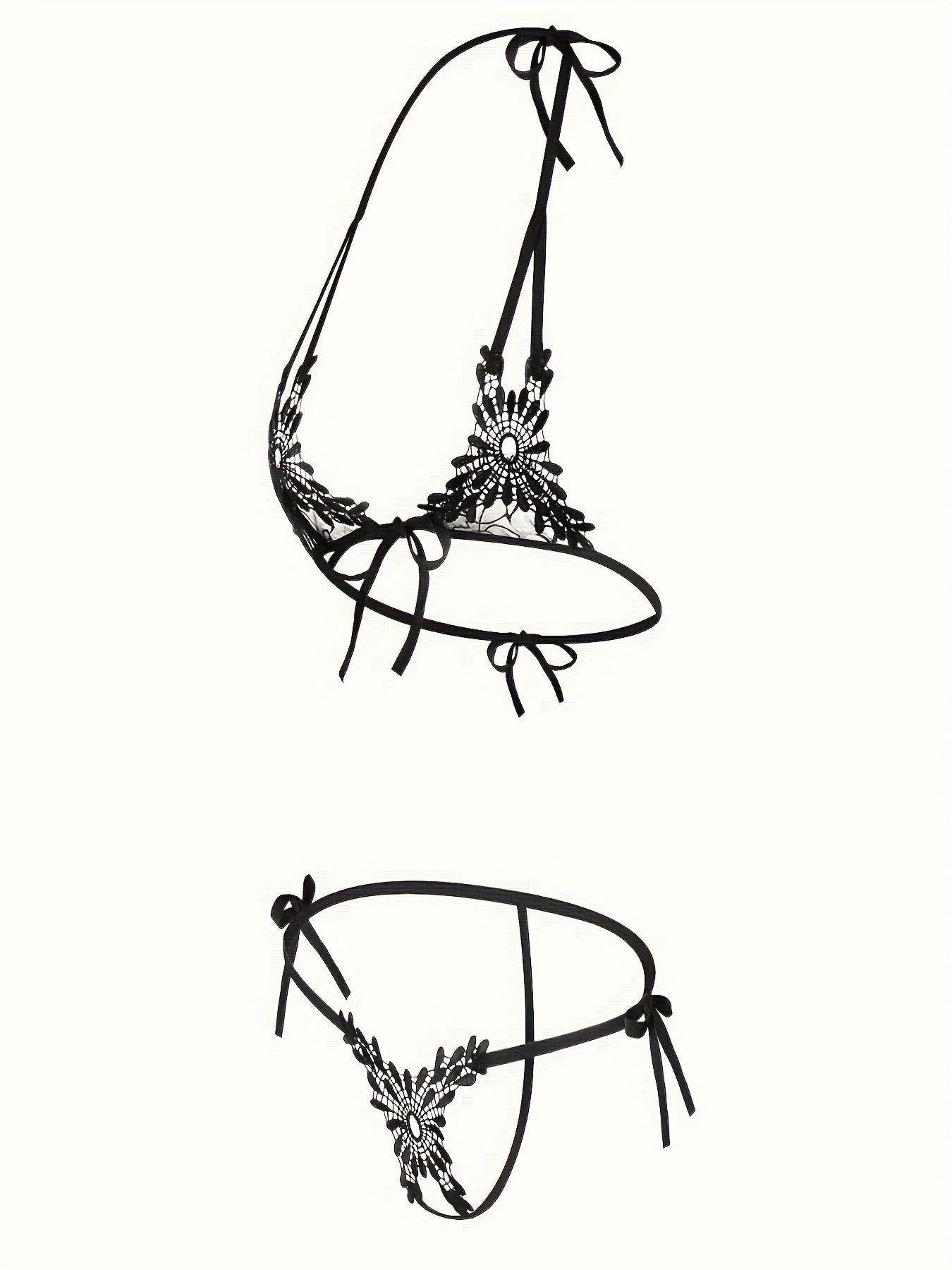 Conjunto de lencería negra de encaje para mujer con sujetador halter sin espalda con tirantes y tanga