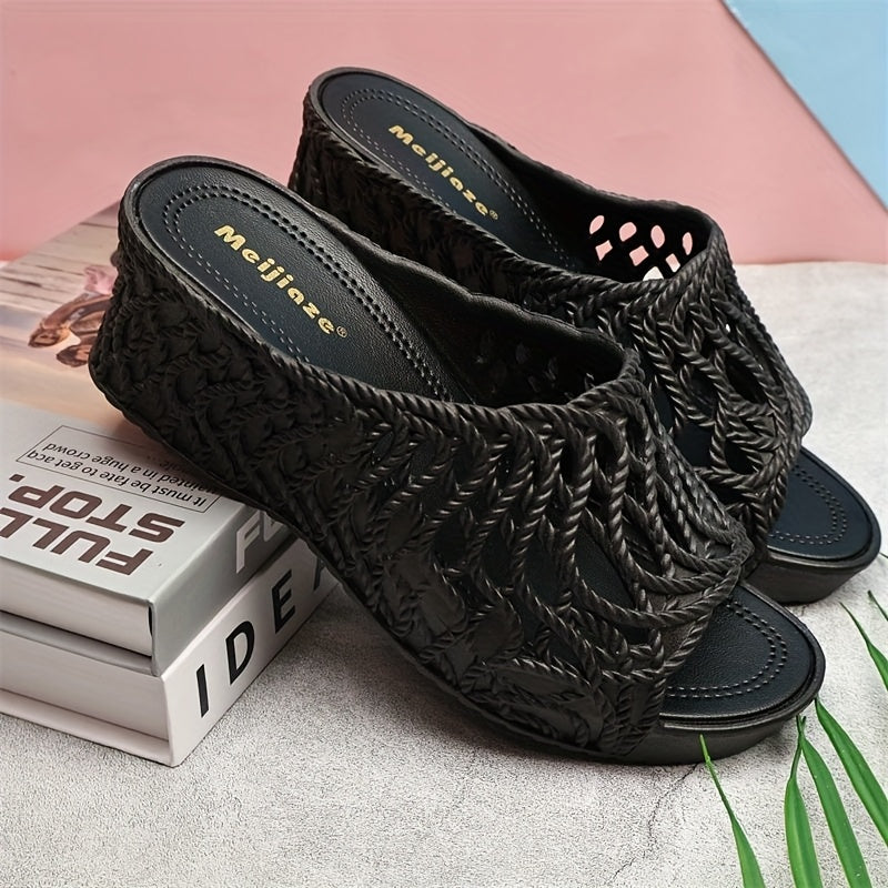 Ayollar uchun yuqori-poshnali tikanli sandallar ochiq-oyoq slip-on taqish uchun qattiq yopilmagan yozgi qora PVC