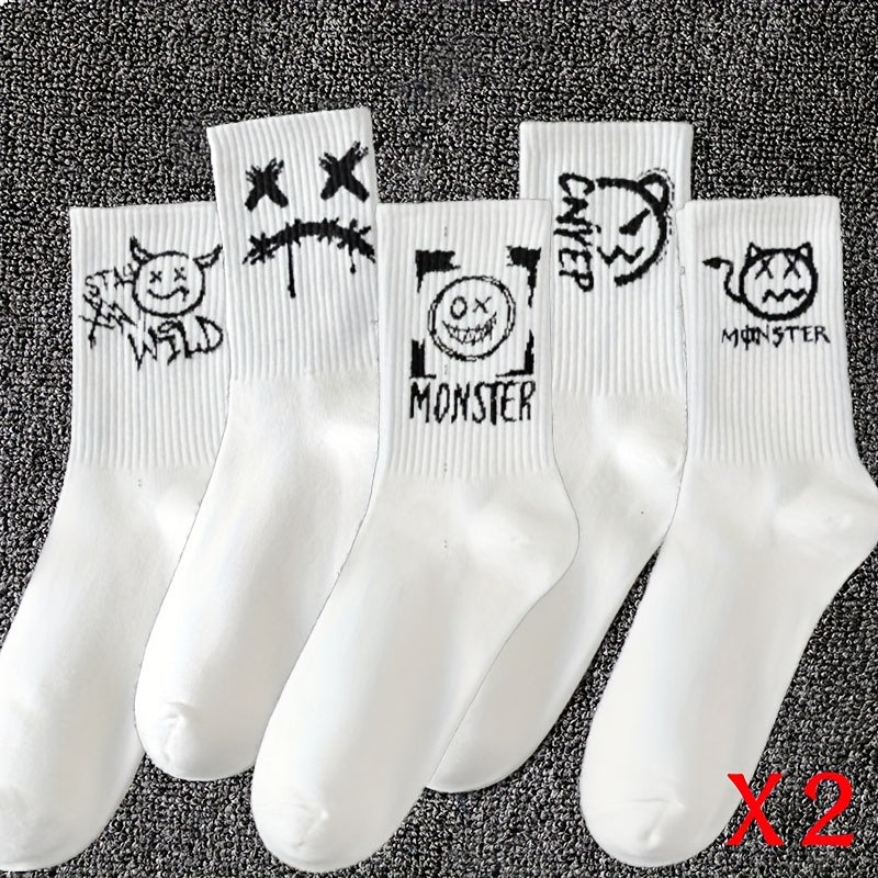 Men's Black and White Graffiti Pattern Crew Socks 5 Pairs Breathable Comfortable All Seasons