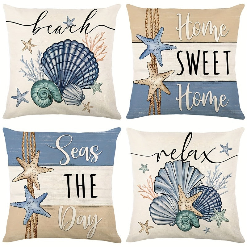 Yozgi starfish va shell throw pillow qoplamalari zamonaviy uslubda, 45.72x45.72 sm o'lchamda. Nautik okean plyaj ta'limi dekor uchun mukammal, uy, verandaga, hovli, divan, sofa va tashqi foydalanishga mos. Mustahkam polyesterdan tayyorlangan, pillow