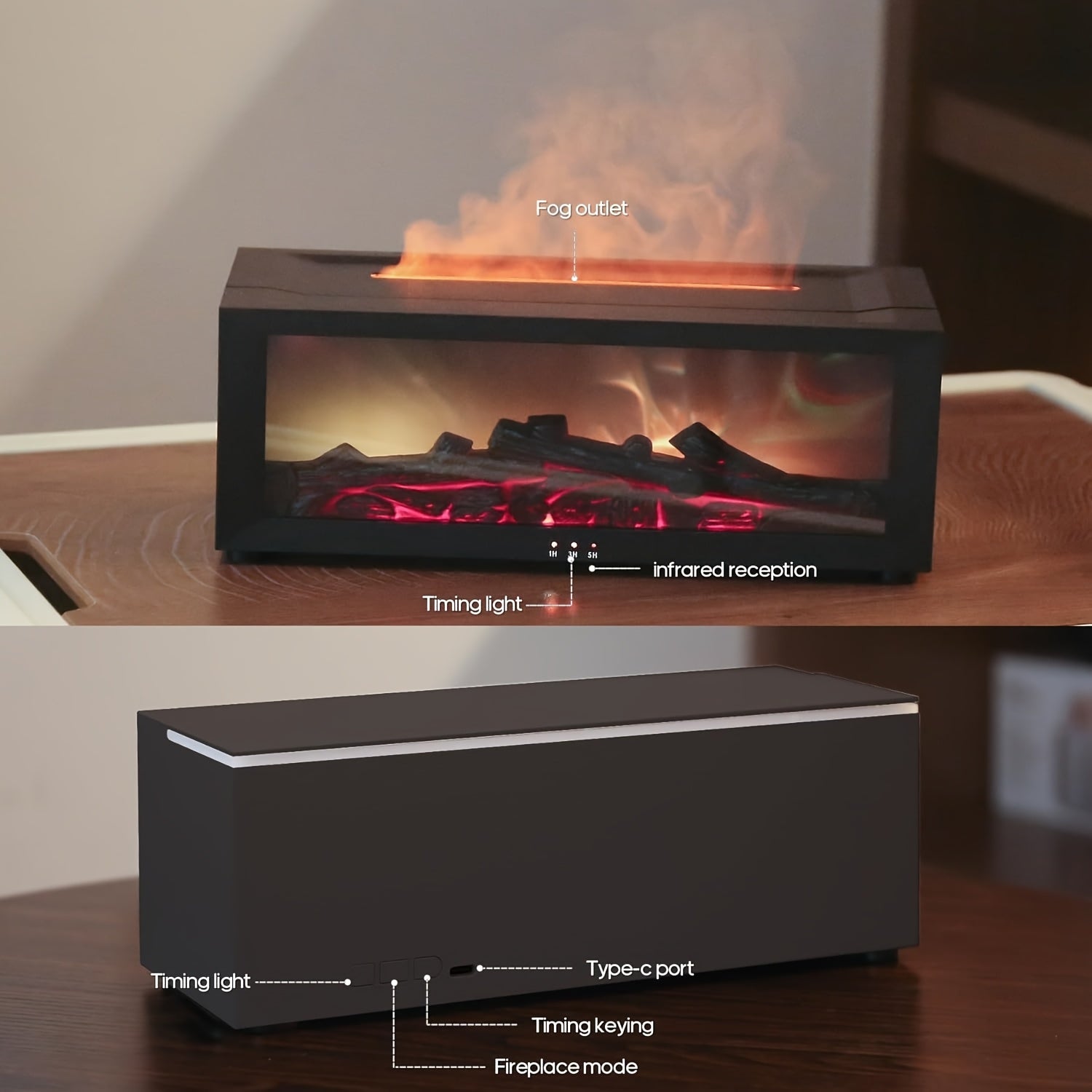 USB Flame Aromatherapy Humidifier with 7 Color LEDs, Remote, Timer, 150ml