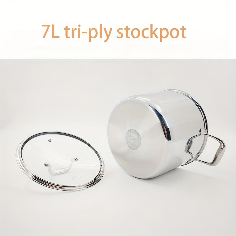 7L Stainless Steel Stockpot with Glass Lid, Deep Cooking Pot for Gas Induction Electric Stovetops