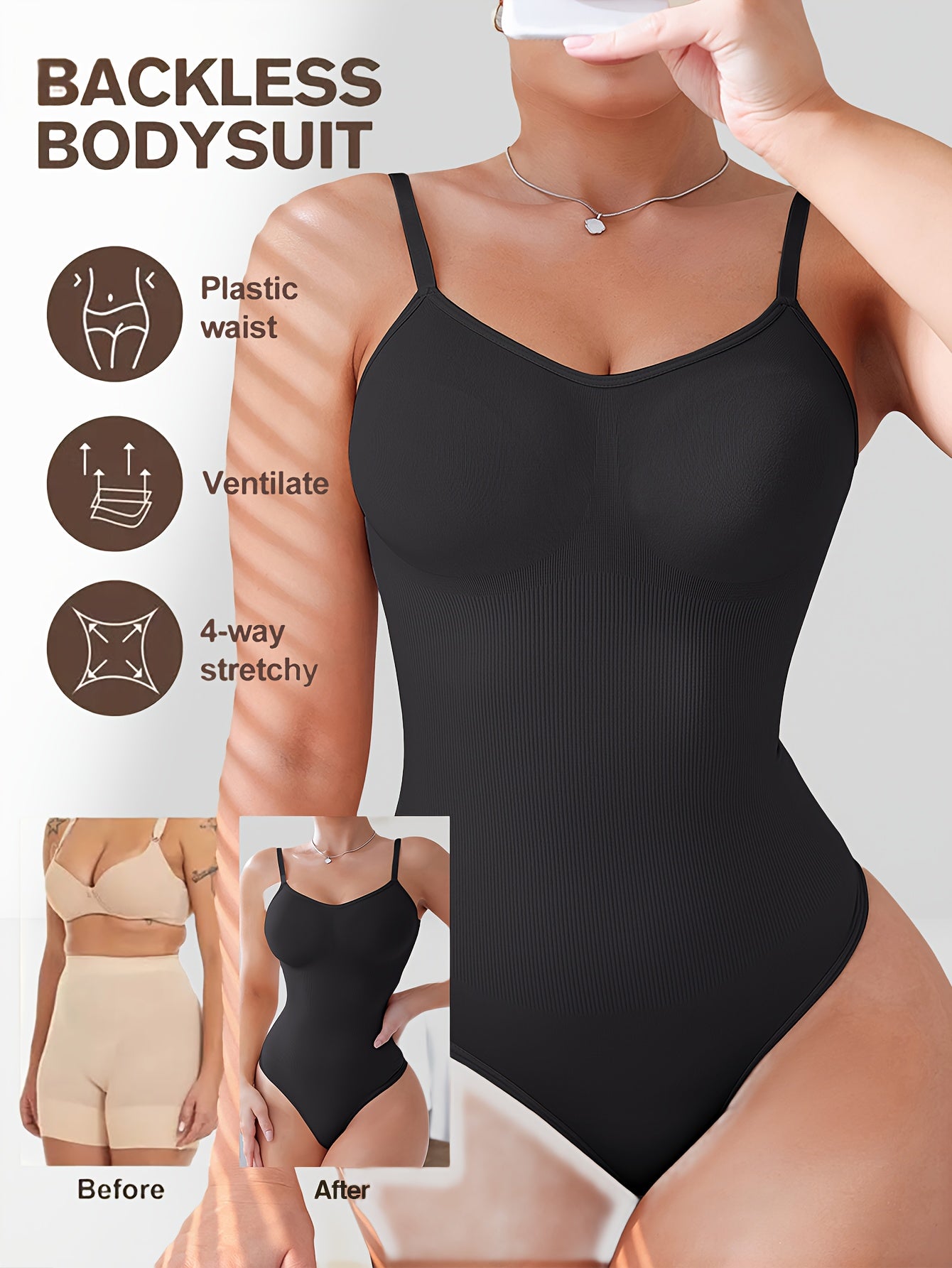 Стильный боди без спинки для женщин с высокой поддержкой, контролем живота и стройнящим дизайном. Изготовлен из смеси нейлона и эластана, идеально подходит для повседневной носки.