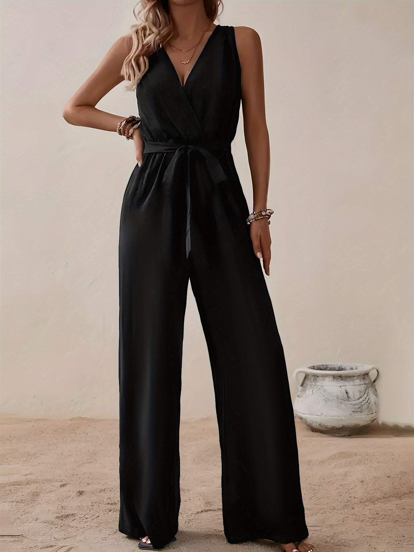 Plus Size Women's V-Neck Sleeveless Jumpsuit with Tie Waist Black Utility