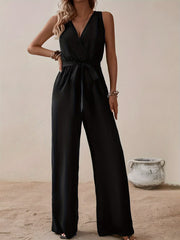 Plus Size Women's V-Neck Sleeveless Jumpsuit with Tie Waist Black Utility