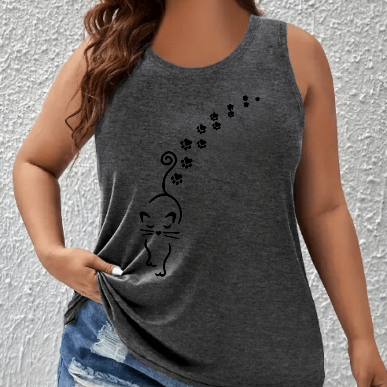 Women's Plus Size Sleeveless Tank Top Cotton Casual Summer White Black Cat