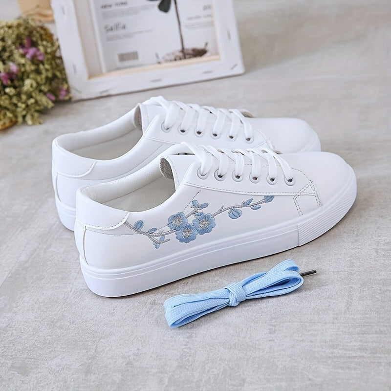Women's Floral Embroidered White Low-Top Sneakers Synthetic Casual Shoes