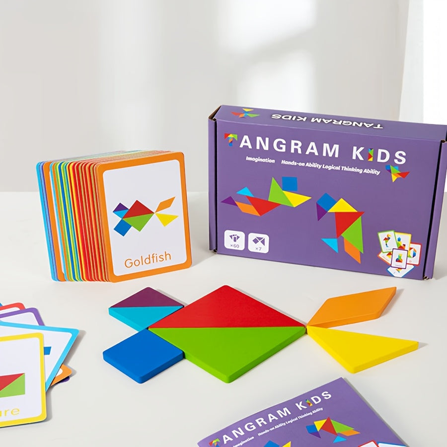 Gran juguete de rompecabezas de tangram de partículas de madera para niños de 3 años en adelante con colores mezclados