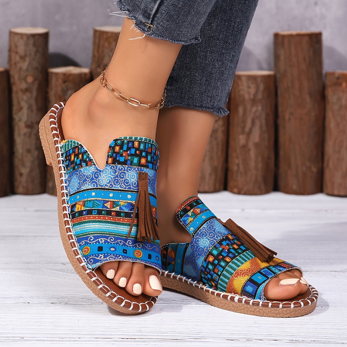 Ayollar uchun Bohemia tekis sandalki, etnik tassel, sirpanchiq bo'lmagan rezina, kundalik plyaj
