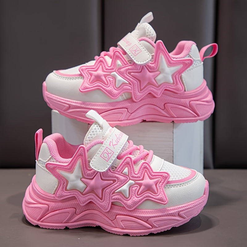 Girls Mesh Sneakers All-Season Lightweight PU Casual Shoes with Heart Pattern