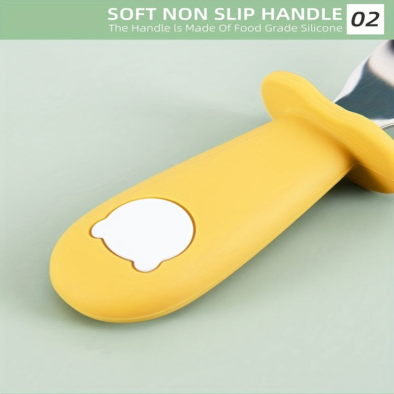 Bola va kichkina bolalar uchun idishlar to'plami, silikon Panda tutqichli zanglamaydigan po'latdan yasalgan vilka va qoshiq