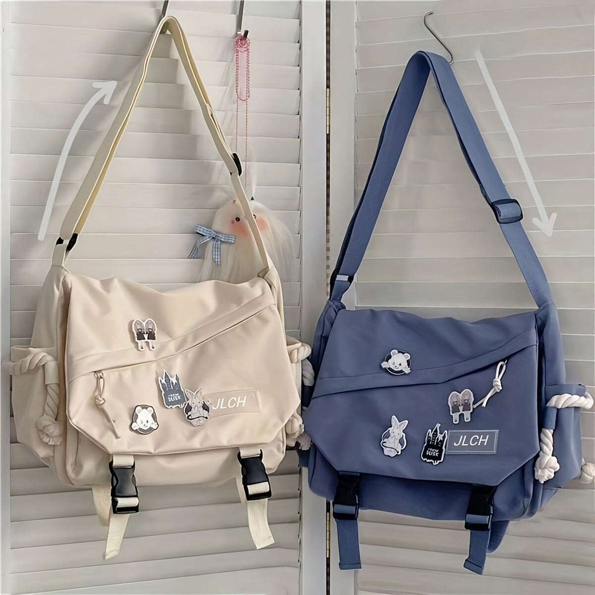 Unisex Canvas Shoulder Bag with Adjustable Strap for School Travel and Daily Use in White Pink Blue Black