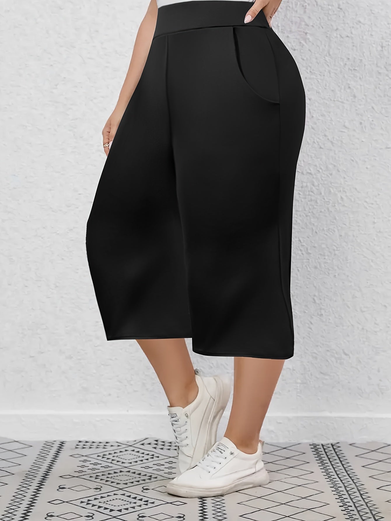 Women's Plus Size Elastic Waist Straight Leg Capri Pants Navy Blue