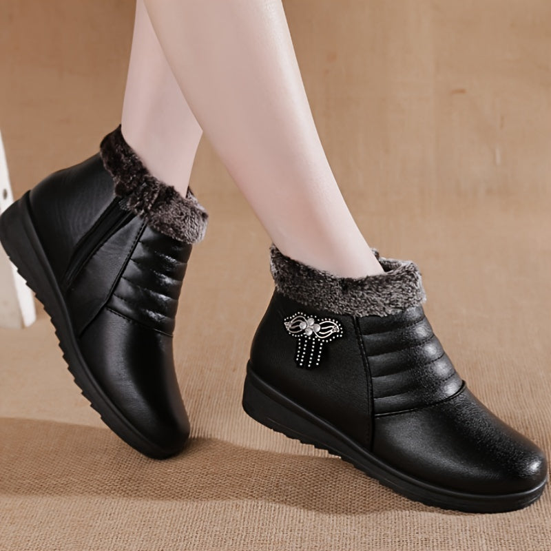 Women's Burgundy Faux Fur Lined Ankle Boots with Non-Slip Sole