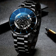 Men's Black Stainless Steel Quartz Watch with Round Zinc Alloy Case and Pointer Display