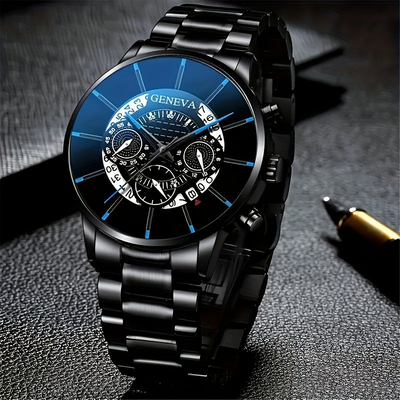 Men's Black Stainless Steel Quartz Watch with Round Zinc Alloy Case and Pointer Display