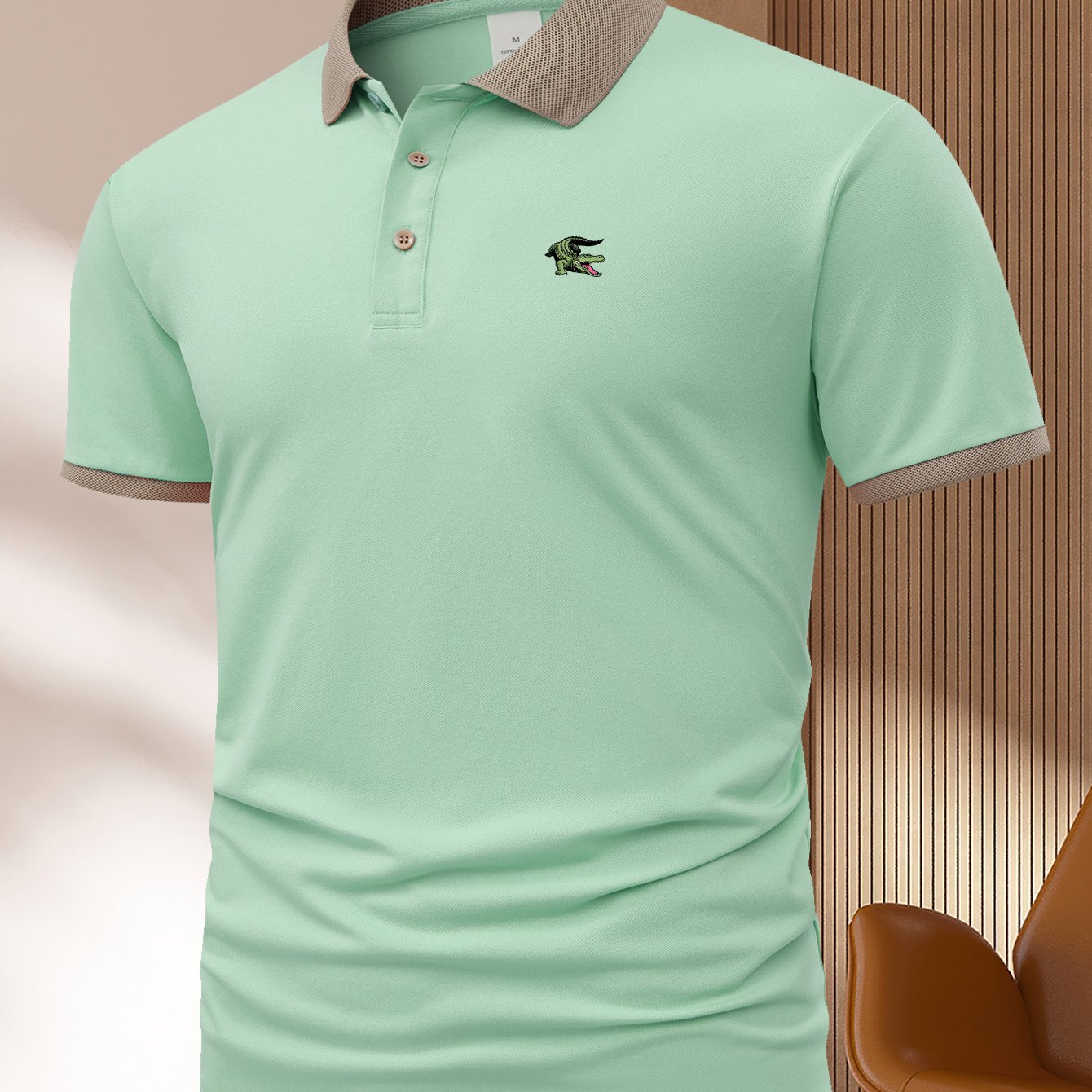 Camisa polo de punto para hombre de poliéster, verano, casual, patrón geométrico en azul marino, verde claro, caqui