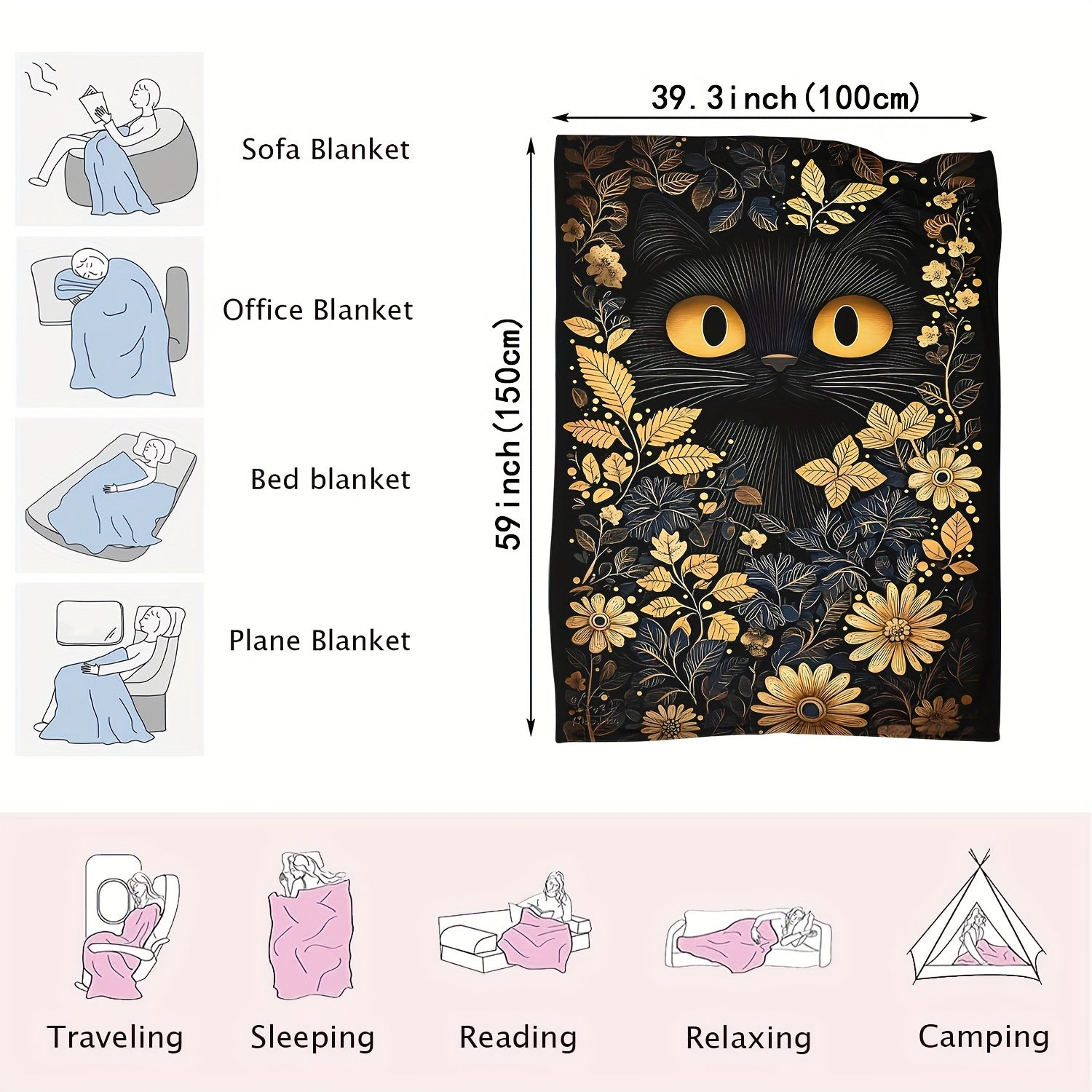 Black Cat Throw Blanket Soft Plush Flannel All-Season Cozy Gift